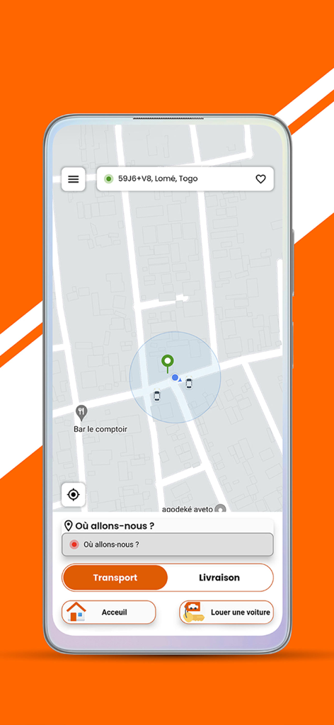GoChap Driver - GoChap Driver app map screen with transport and delivery service buttons