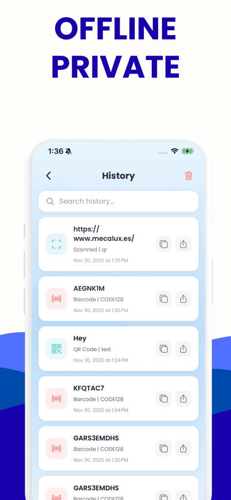 The scan history screen of the Barcode Generator app showing a list of recently generated and scanned QR codes and barcodes.