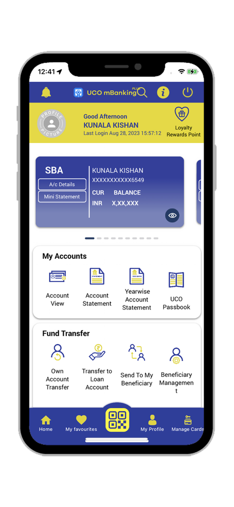 UCO mBanking Plus - Home screen of UCO mBanking Plus app displaying account balance and banking services like fund transfers