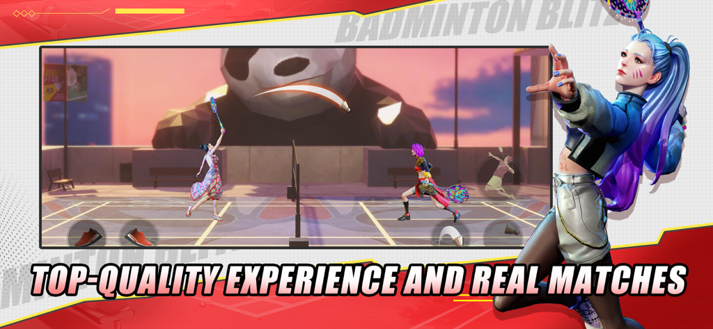 Badminton Blitz - Badminton Blitz mobile game screenshot showing a real-time PvP match between two female characters on a scenic outdoor court.