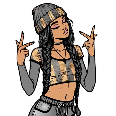 realistic teenage girl with braids and a beanie and crop top doing 🫶🏼