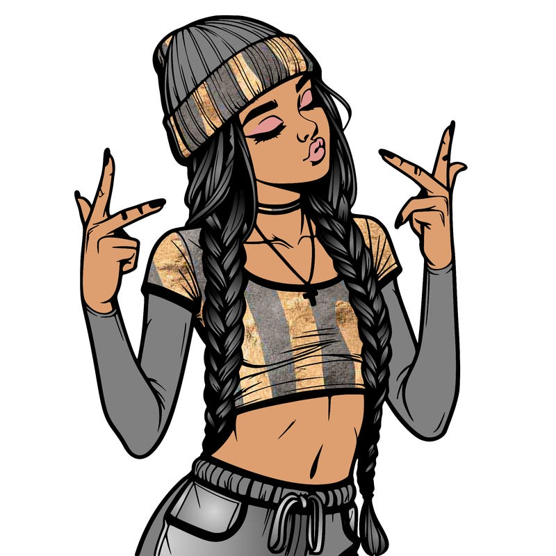 realistic teenage girl with braids and a beanie and crop top doing 🫶🏼