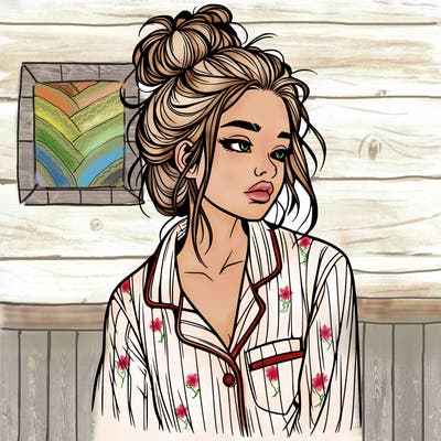 realistic woman with pajamas on and a messy bun