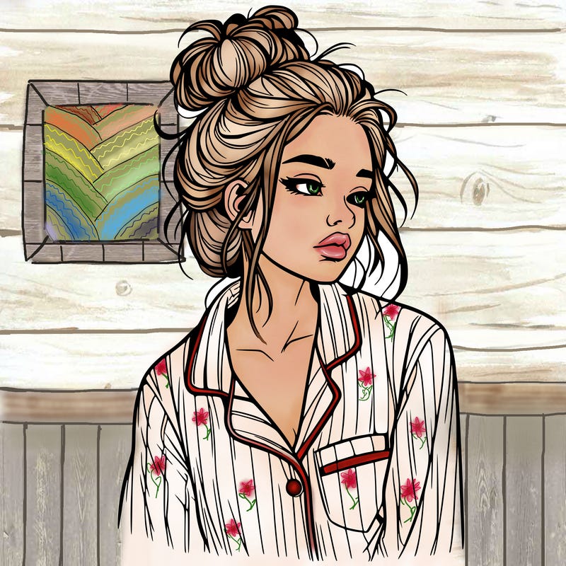 realistic woman with pajamas on and a messy bun