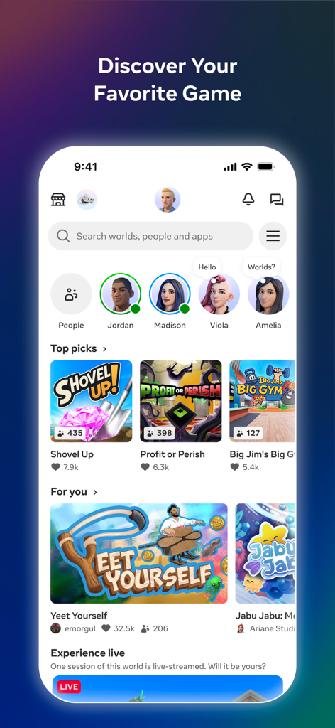 Interfaccia dell'app Meta Horizon che mostra vari giochi creati dalla community e funzionalità sociali