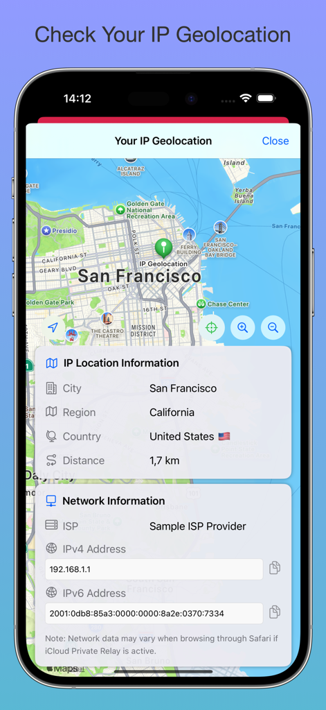 Network Usage Monitor - Network Usage Monitor app interface showing IP geolocation details including city, region, country, and network ISP information with a map view.