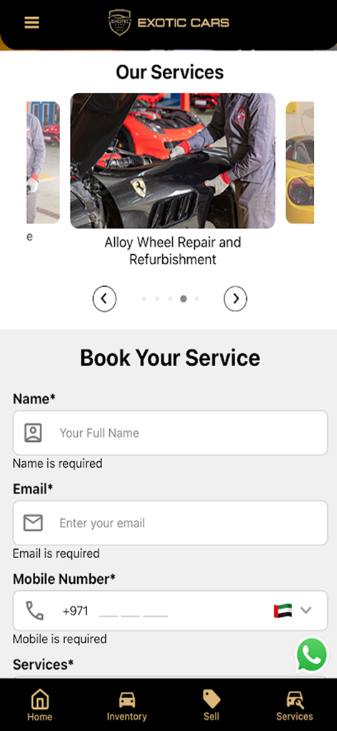 Exotic Cars Dubai - Exotic Cars Dubai app service booking screen with form for maintenance and repairs