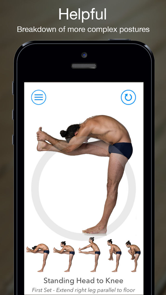 Step by step visual breakdown of the Standing Head to Knee posture in the Hot Yoga Timer app