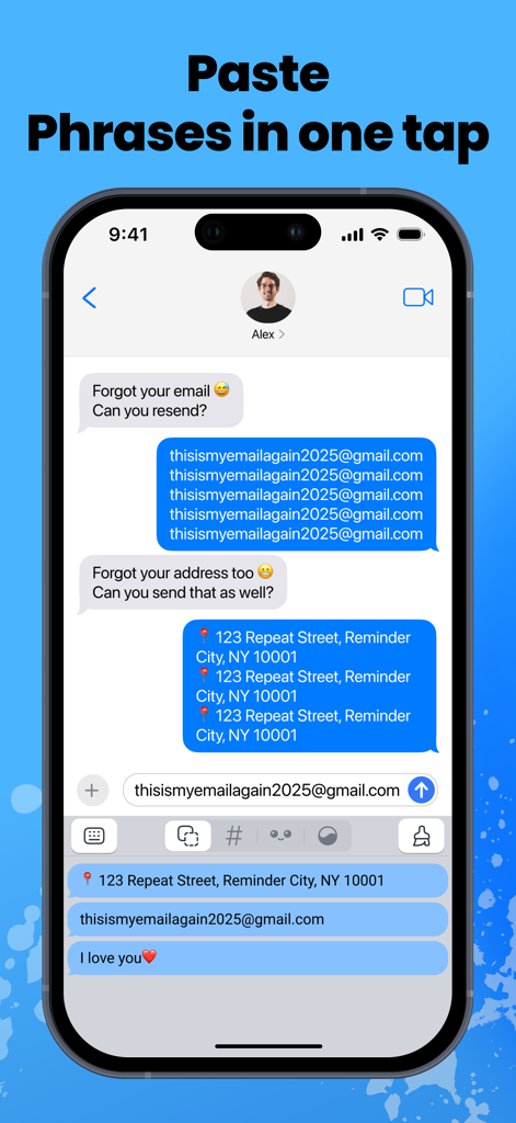 Fonts＋Font Keyboard for iPhone - iPhone画面。メールアドレスや住所のような保存されたフレーズにクイックアクセスできるボタンを備えたペーストキーボード機能を表示しています。