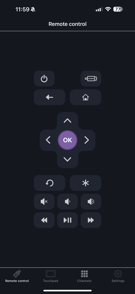 Interface de télécommande numérique de l'application Rokie pour lecteurs Roku avec boutons de navigation et de lecture