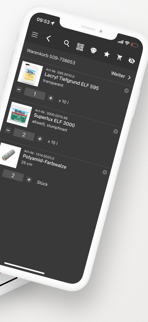 전문 페인팅 제품 및 도구가 포함된 Brillux 앱 쇼핑 카트 스크린샷