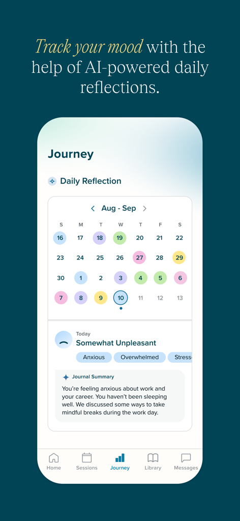 SonderMind app interface displaying a mood tracking calendar and AI generated daily reflections