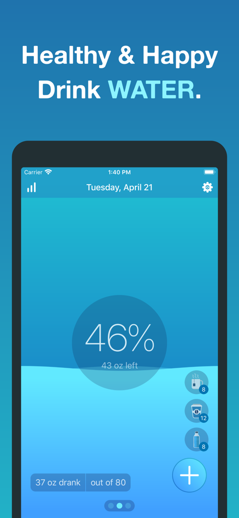Hydro Coach - Hydration App - Interfaz de la aplicación Hydro Coach que muestra el progreso diario de la ingesta de agua en un cuarenta y seis por ciento con iconos de seguimiento para té y café
