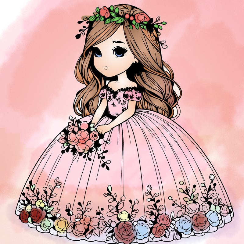 realistic girl in ball gown with flowers
