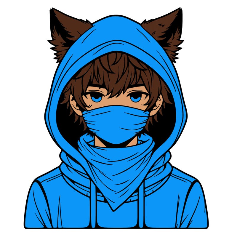 a realistic boy with wolf ears wearing a hoodie and scarf over mouth