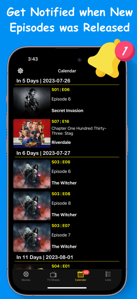 Movies Box & TV Show - A mobile app screen showing a TV series release calendar with notifications for upcoming episodes.
