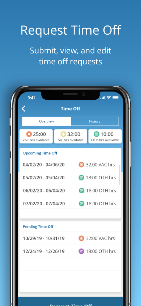 uAttend - Pantalla de la aplicación móvil uAttend para enviar y ver solicitudes de tiempo libre, incluidos los saldos de vacaciones y enfermedad