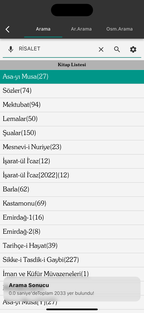 Risale-i Nur Okuma Programı - The search interface of the Risale-i Nur reading application displaying results for a keyword across a list of books.
