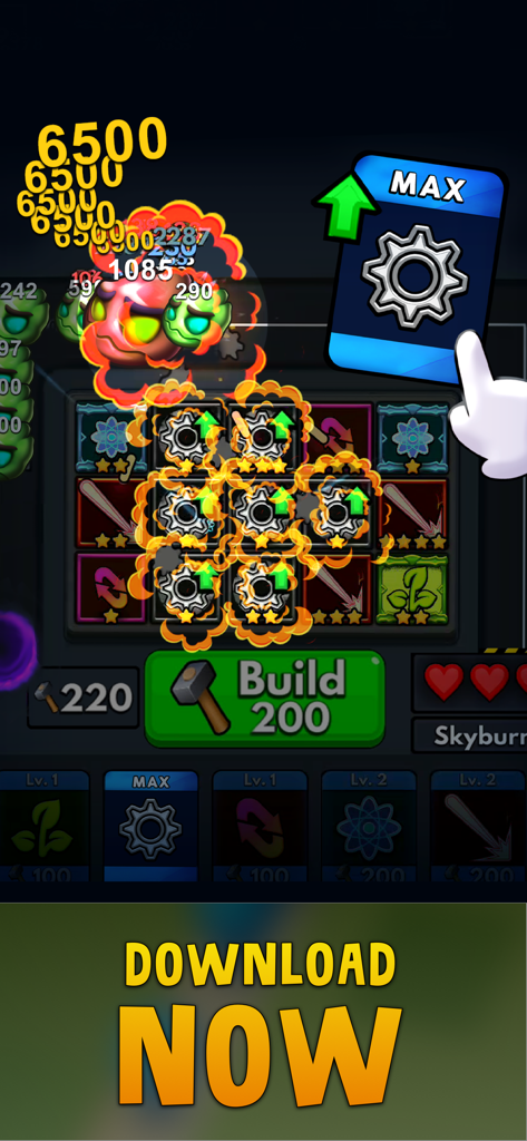 Merge Clash: Tower Defense - Gameplay of Merge Clash Tower Defense showing merging gear towers and battle action