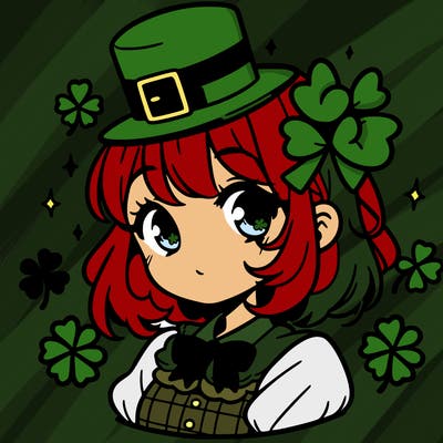 a manga-style girl with clovers around her, a little hat in her hair, like it's saint patrick's day