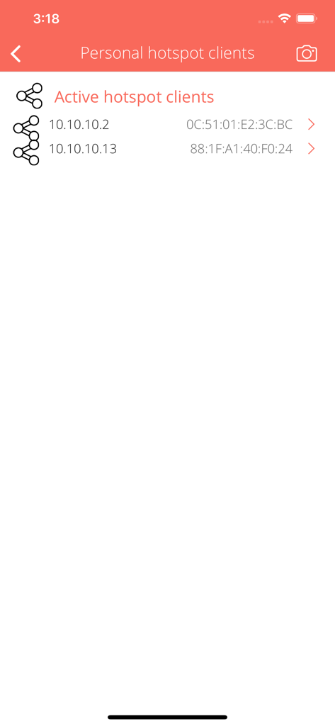 Hotspot Info - App interface displaying active connected clients on a personal hotspot with IP and MAC addresses.