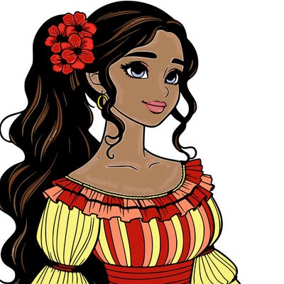 a single latina woman with a side ponytail and a long dress with ruffles. she has a few discreet flowers in her hair. realistic