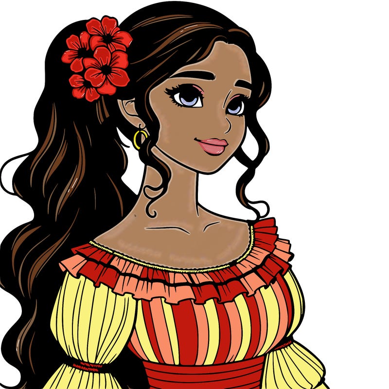 a single latina woman with a side ponytail and a long dress with ruffles. she has a few discreet flowers in her hair. realistic