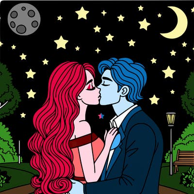 woman and man romantically kissing in a park at night under the stars and the moon