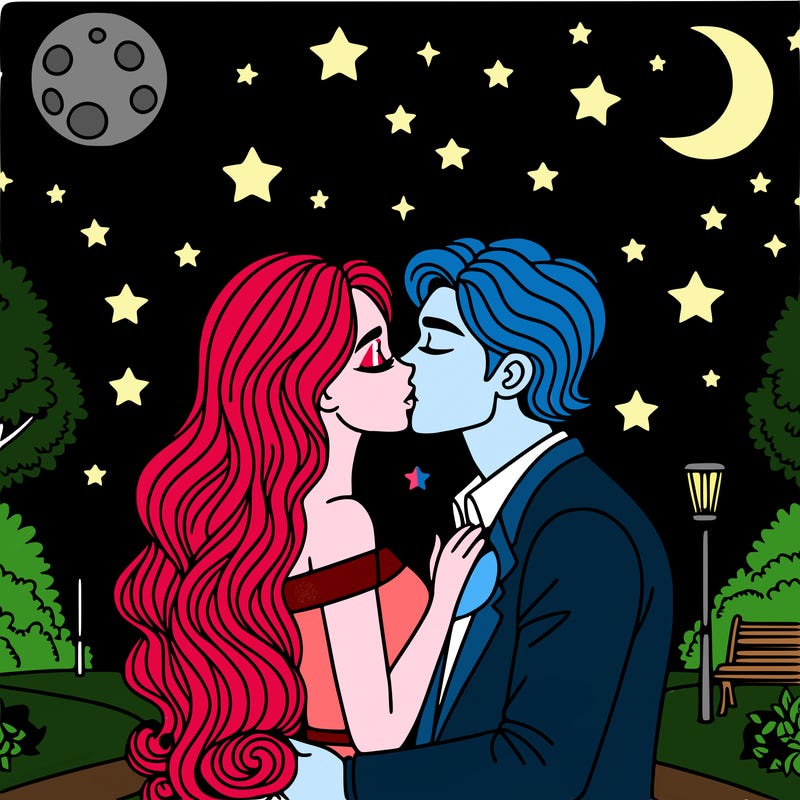 woman and man romantically kissing in a park at night under the stars and the moon