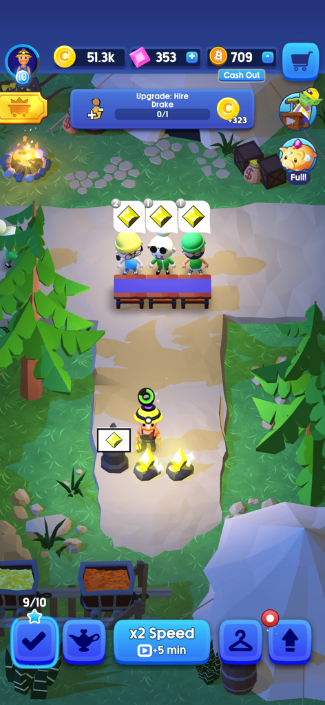 Idle Mine! - A screenshot of the Idle Mine game showing characters mining and a UI displaying bitcoin and gem rewards