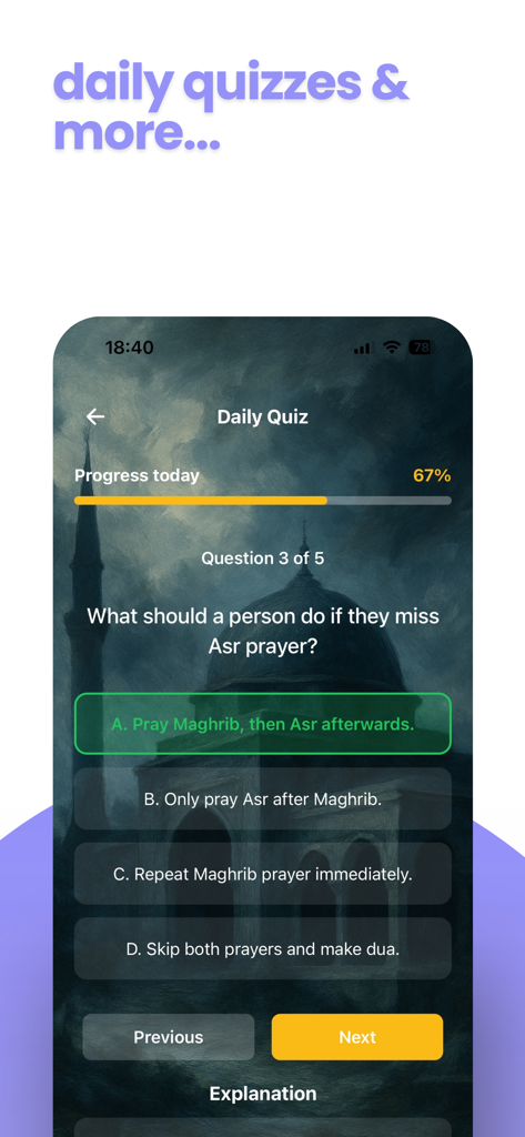 Noor - Quran Companion - A daily Islamic knowledge quiz interface on the Noor Quran Companion mobile app showing a question about prayer
