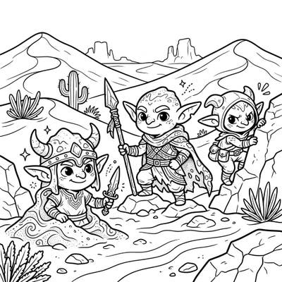 Bring to life an exciting desert adventure with these adorable desert goblins! This engaging coloring page is perfect for kids aged 4-8, offering a balance of fun characters and desert scenery to ignite their creativity.
