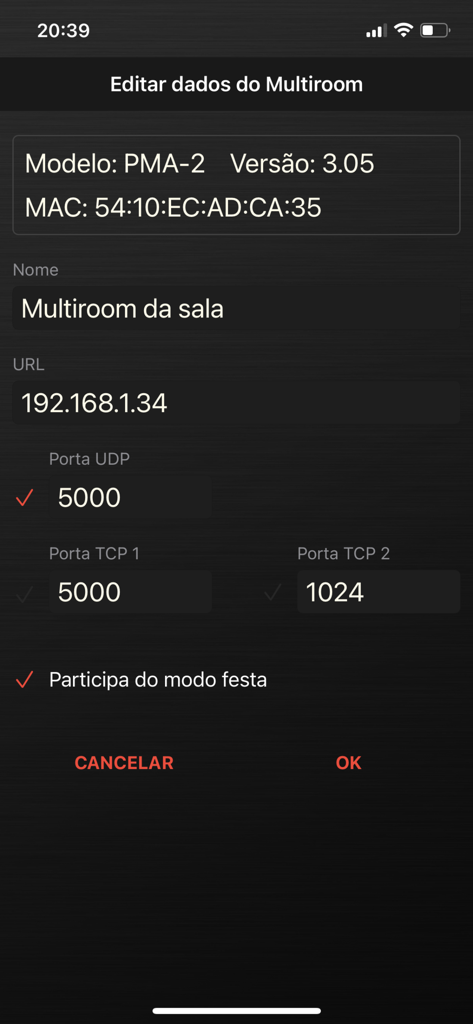 Multiroom - Setup screen for a multiroom audio amplifier showing network and zone settings