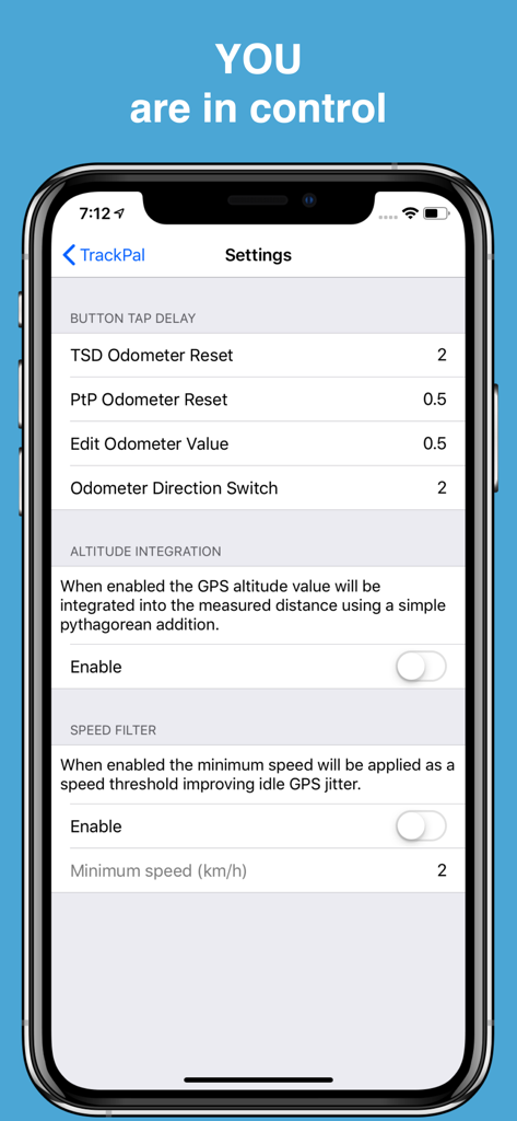 オドメーターとGPSの設定オプションを表示するTrackPal Liteアプリの設定画面