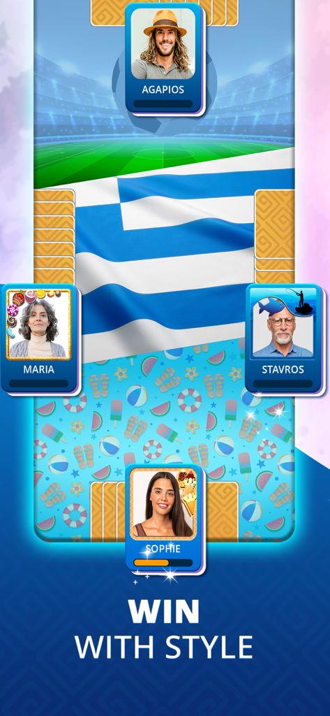 Opa.GR: Tavli, Tichu, Ludo - Multiplayer-Tichu-Kartenspiel-Oberfläche mit Spieler-Avataren und einem griechisch inspirierten Hintergrund