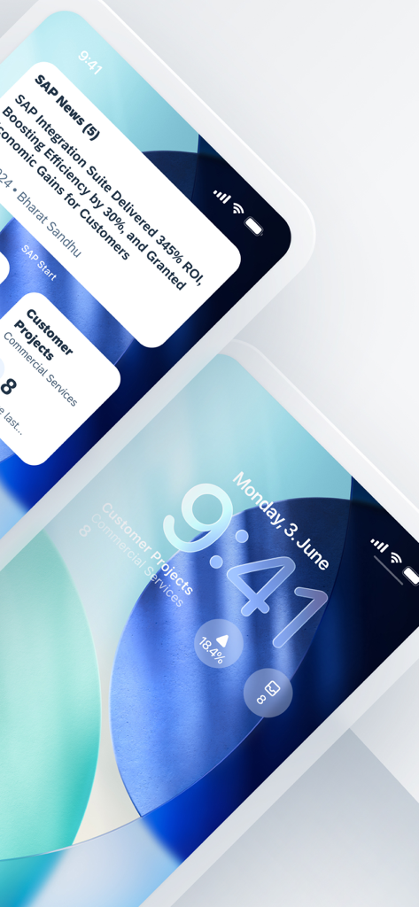 SAP Mobile Start - SAP Mobile Start app interface and iOS lock screen widgets showing business news and project status