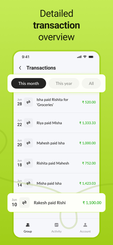 Settle up & Split rent: Splito - Una pantalla de resumen detallado de transacciones en la aplicación Splito que muestra una lista de gastos compartidos mensuales y el historial de pagos entre los miembros del grupo.