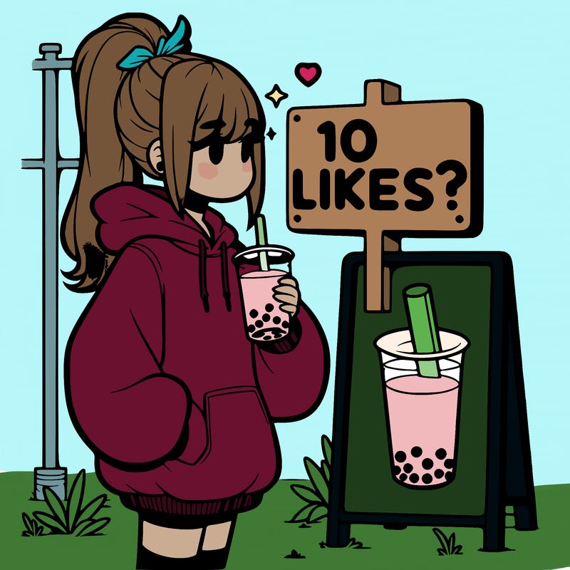 girl with oversized hoodie drinking boba and she has a high ponytail with a sign that says 10likes?