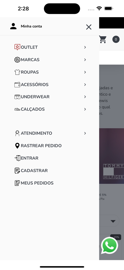 Menu de navegação lateral do aplicativo Secret Outlet exibindo categorias de compras e configurações de conta