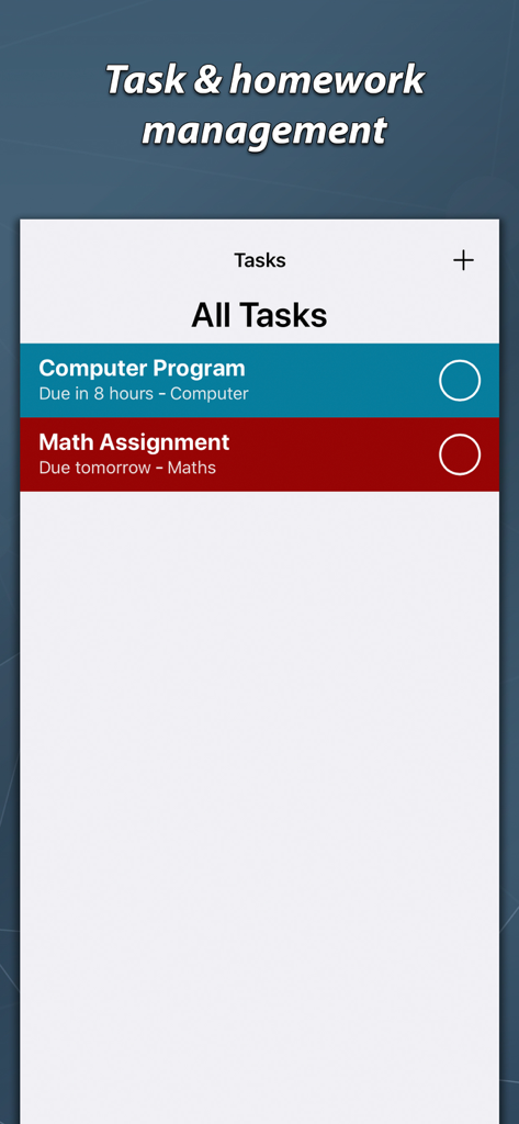 Timetable & Homework Planner - Ecrã de gestão de tarefas e trabalhos de casa mostrando uma lista de trabalhos escolares codificados por cores