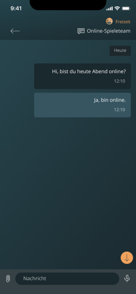Closer App chat interface showing a messaging conversation within a leisure activity group