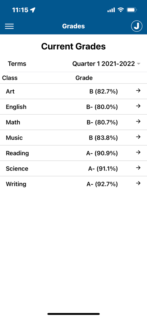Mobile view of the Gradelink Student and Parent app showing a list of current grades for various school subjects