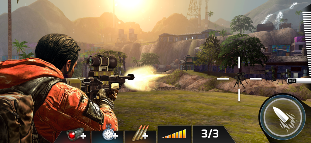 Kill Shot Bravo: Sniper Games - A soldier in an orange jacket fires a sniper rifle at an enemy base during sunset in Kill Shot Bravo.