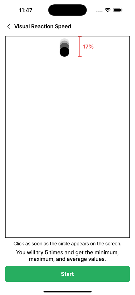 Reaction Speed Test - Prove it - Visual reaction speed test interface showing a start button and instructions to click when a circle appears