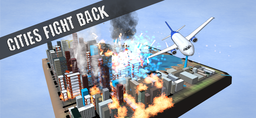 Unnatural Disaster - Gameplay screenshot of Unnatural Disaster showing a city under attack with an airplane flying over explosions and the text Cities Fight Back.