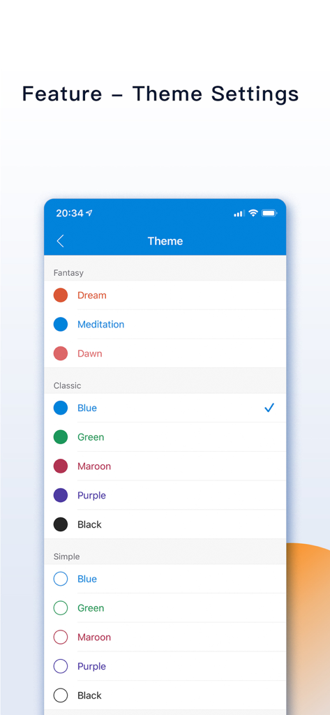 FileMate app theme customization menu showing different color options including Fantasy Classic and Simple styles
