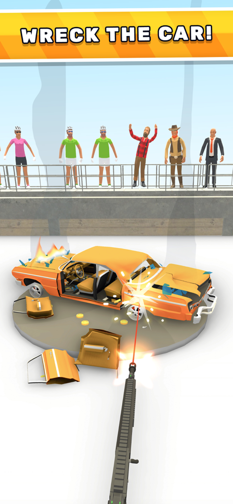 Machine gun shooting and destroying an orange car in Fury Cars gameplay