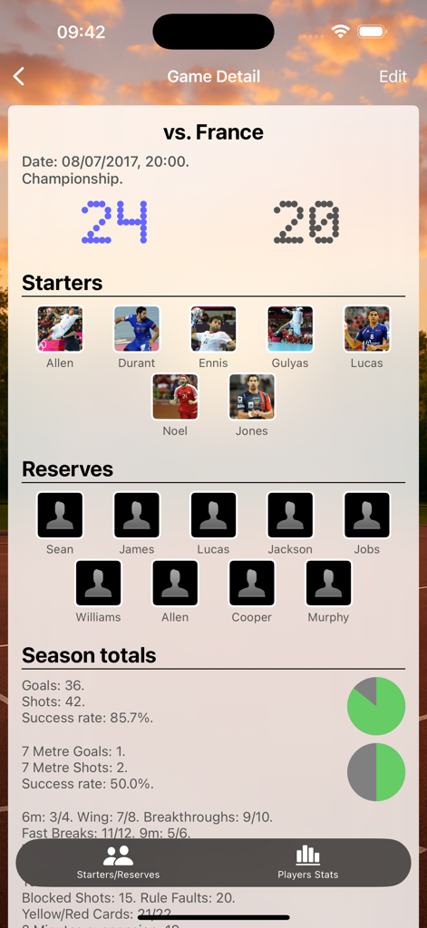 Assistant Coach Handball - Handball game detail view showing match score starters and season statistics