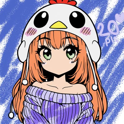 anime girl with chick shaped hat with sweater with bare shoulders with bangs covering them one eye with low tail
