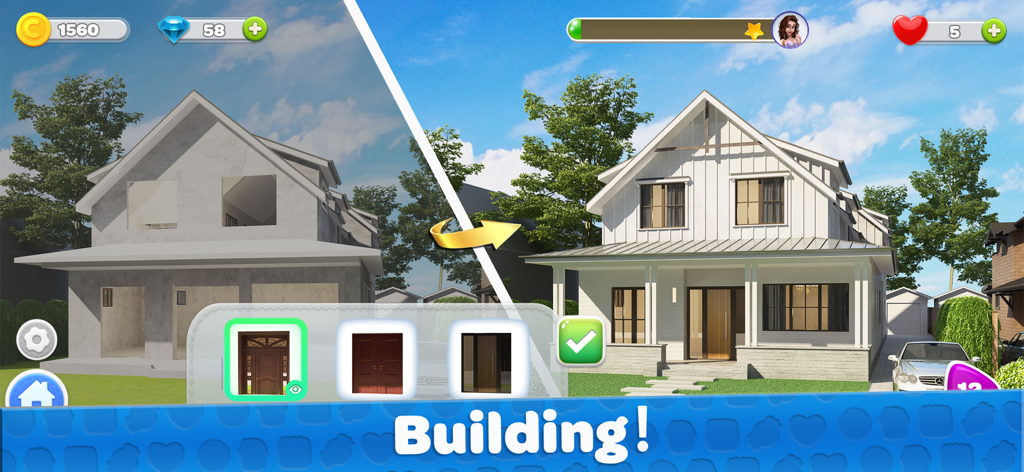 My House - Home Design Games - Uma comparação de antes e depois mostrando a renovação do exterior de uma casa de uma estrutura inacabada a uma fazenda moderna.